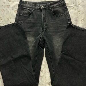 Black Flare Wide Leg Jeans with Subtle Fading